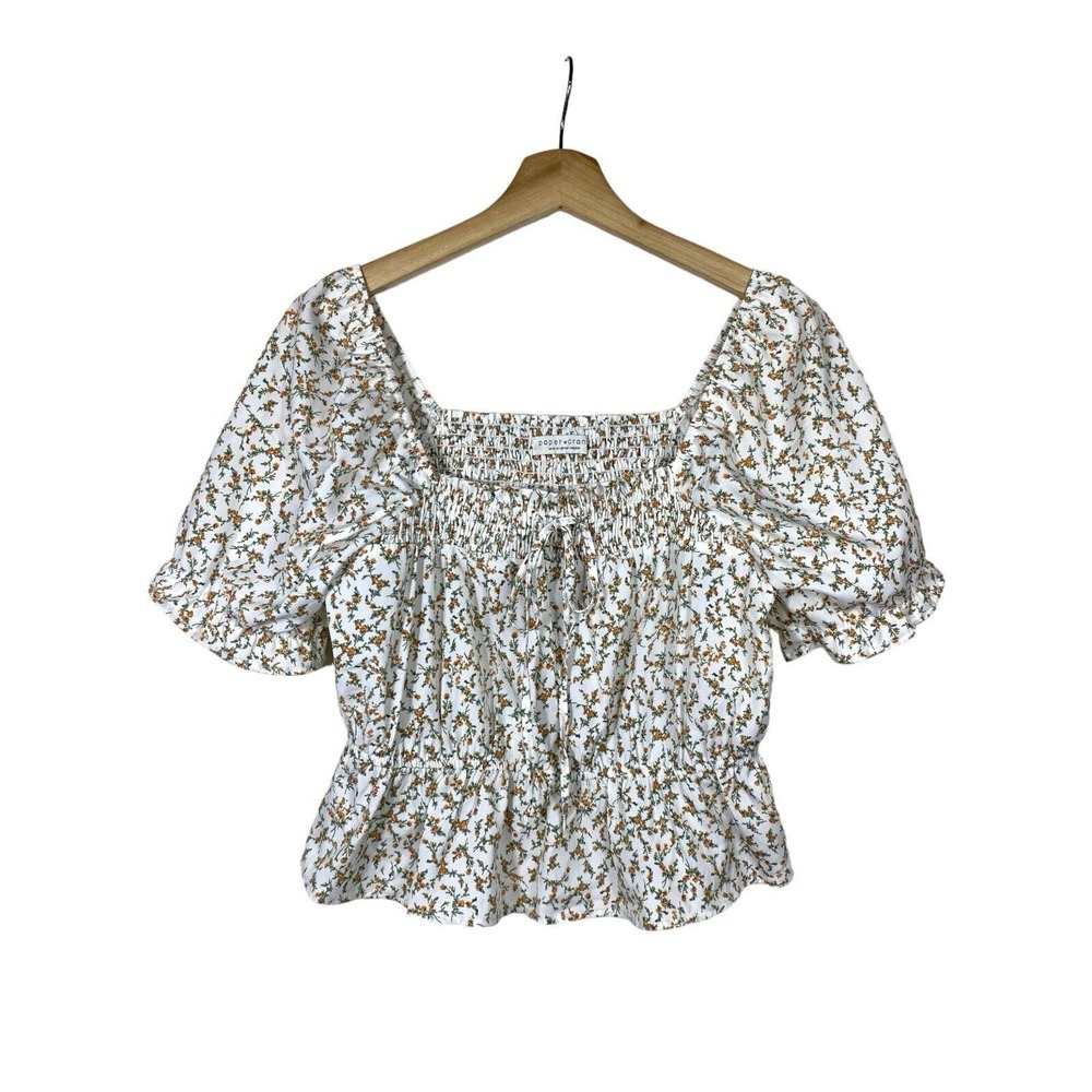 Paper Crane Women Babydoll Top M Floral Puff Sleeve‎ Smock Crop Tie Ruffle White